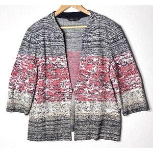 Ming Wang Cardigan Jacket Sz L Black Red 3/4 Sleeve Print Career Classic Office